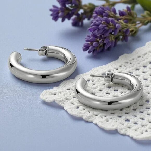 Chunky C Hoop Earrings 18K White Gold Plated Stainless Steel Minimalist - Picture 5 of 15